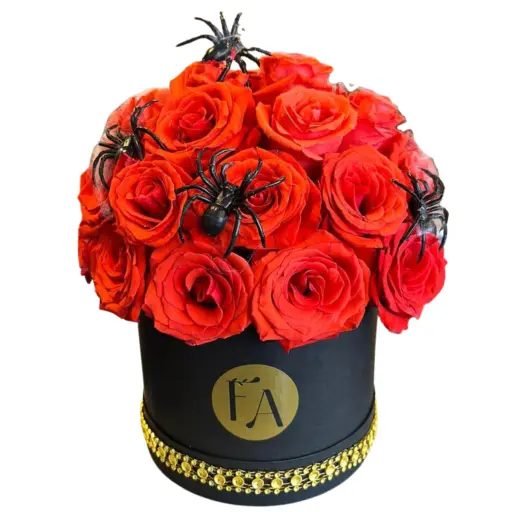 CAJA POTE CON ROSAS IMPORTADAS arañas ESPECIAL HALLOWEEN